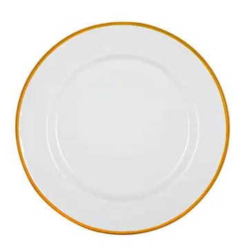 Asjett i emalje. Hvit med gul kant